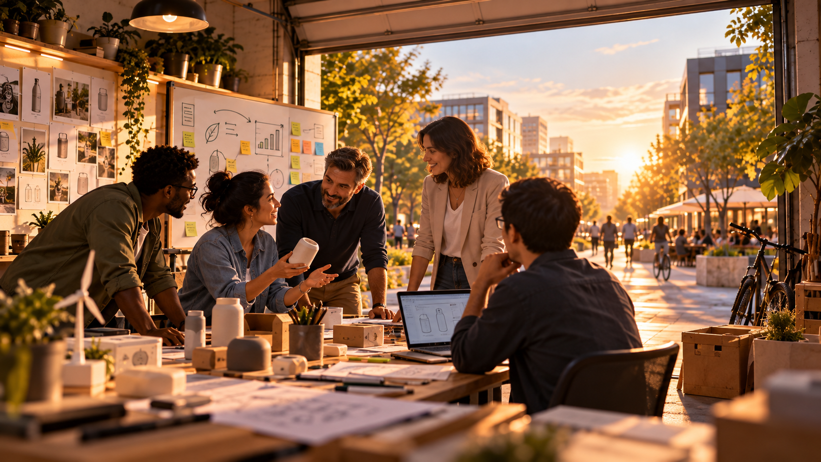 Illustration d’entrepreneurs et de leurs accompagnateurs réunis autour de prototypes dans un atelier ouvert sur un quartier vivant.