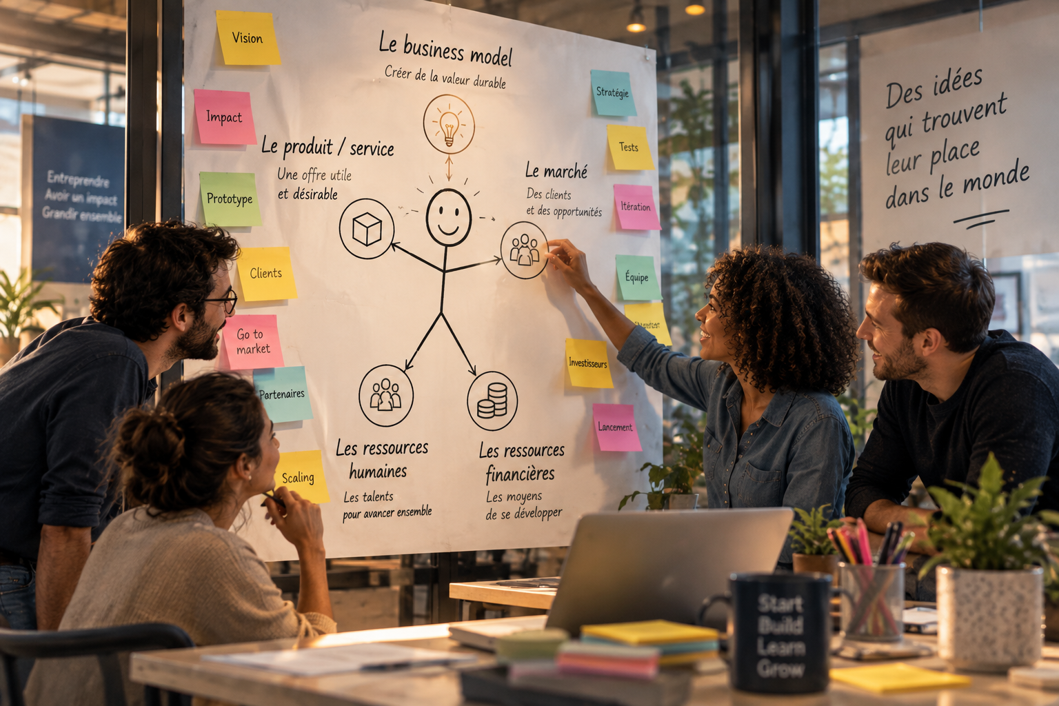Illustration des cinq fondamentaux : business model en tête, produit ou service à gauche, marché à droite, ressources humaines en bas à gauche et financières en bas à droite pour le visiteur.
