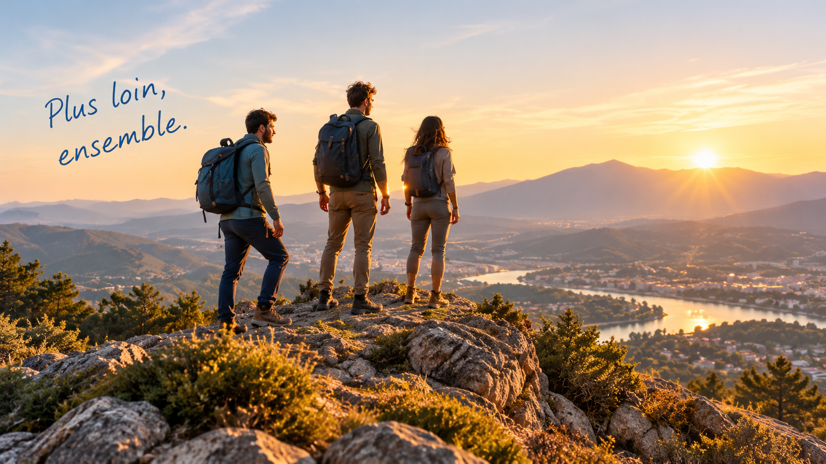 Trois personnes regardent ensemble un territoire depuis un point de vue dégagé.