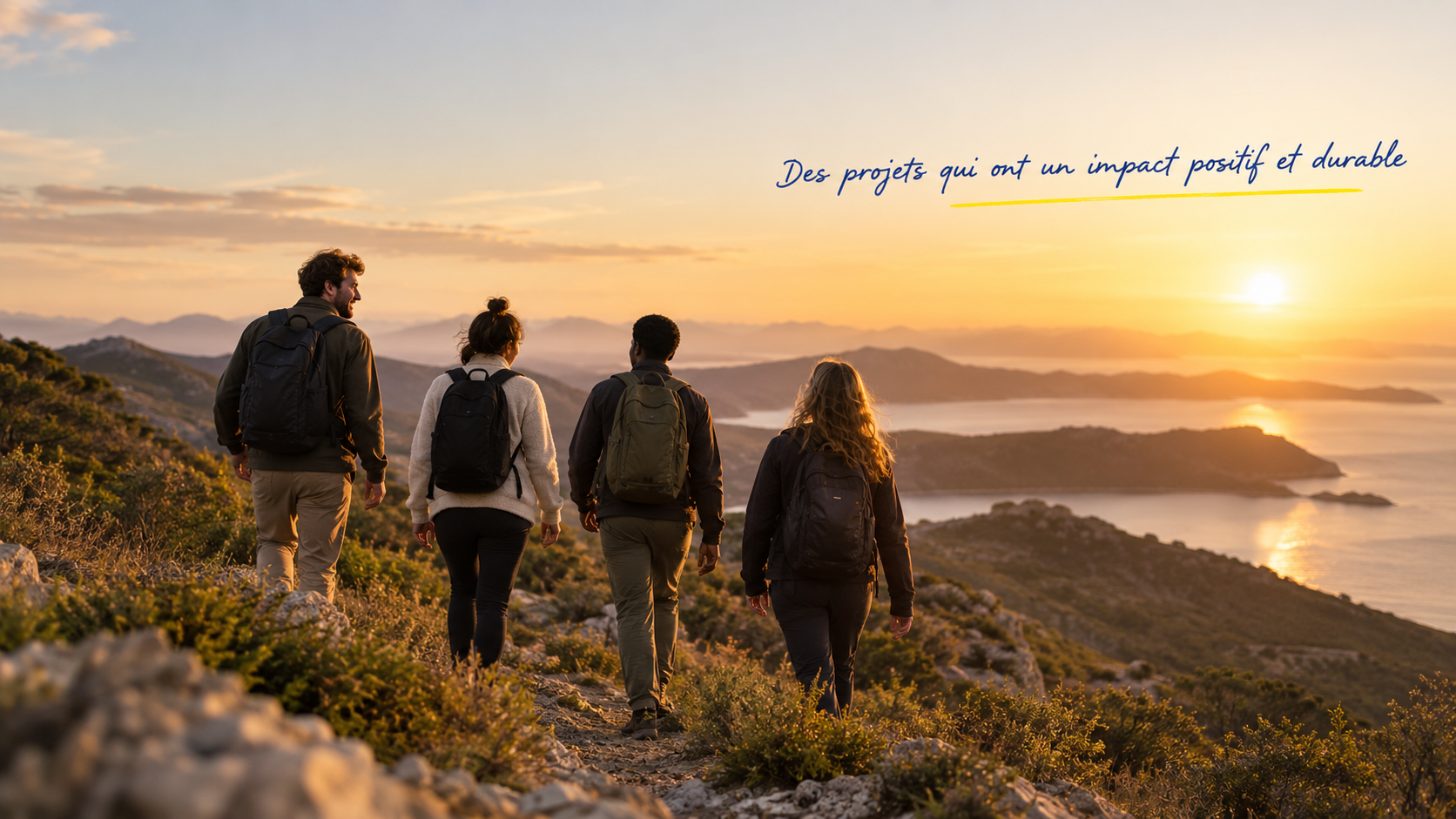 Un groupe avance dans un paysage de montagne. Annotation : « Des projets qui ont un impact positif et durable ».