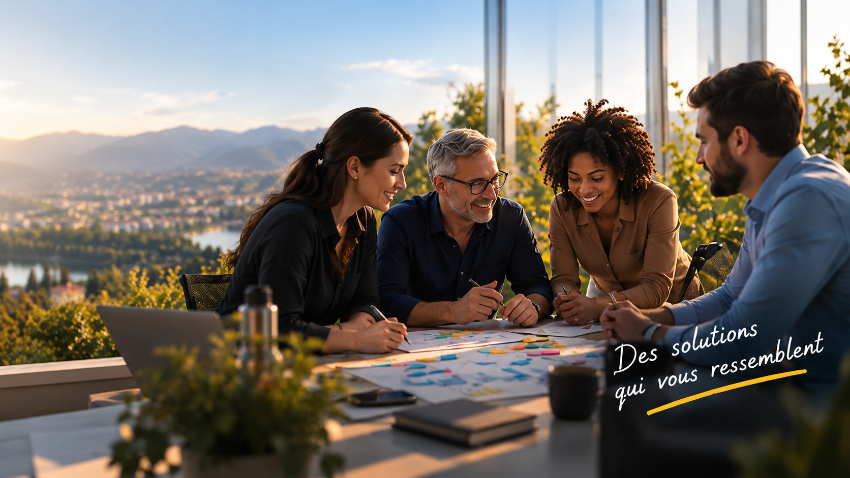 Une équipe échange autour d’une table ouverte sur le paysage. Annotation : « Des solutions qui vous ressemblent ».