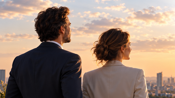 Deux personnes regardent ensemble vers la ville.