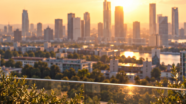 Un quartier d’affaires au coucher du soleil.