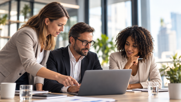 Trois personnes travaillent ensemble autour d’un ordinateur.