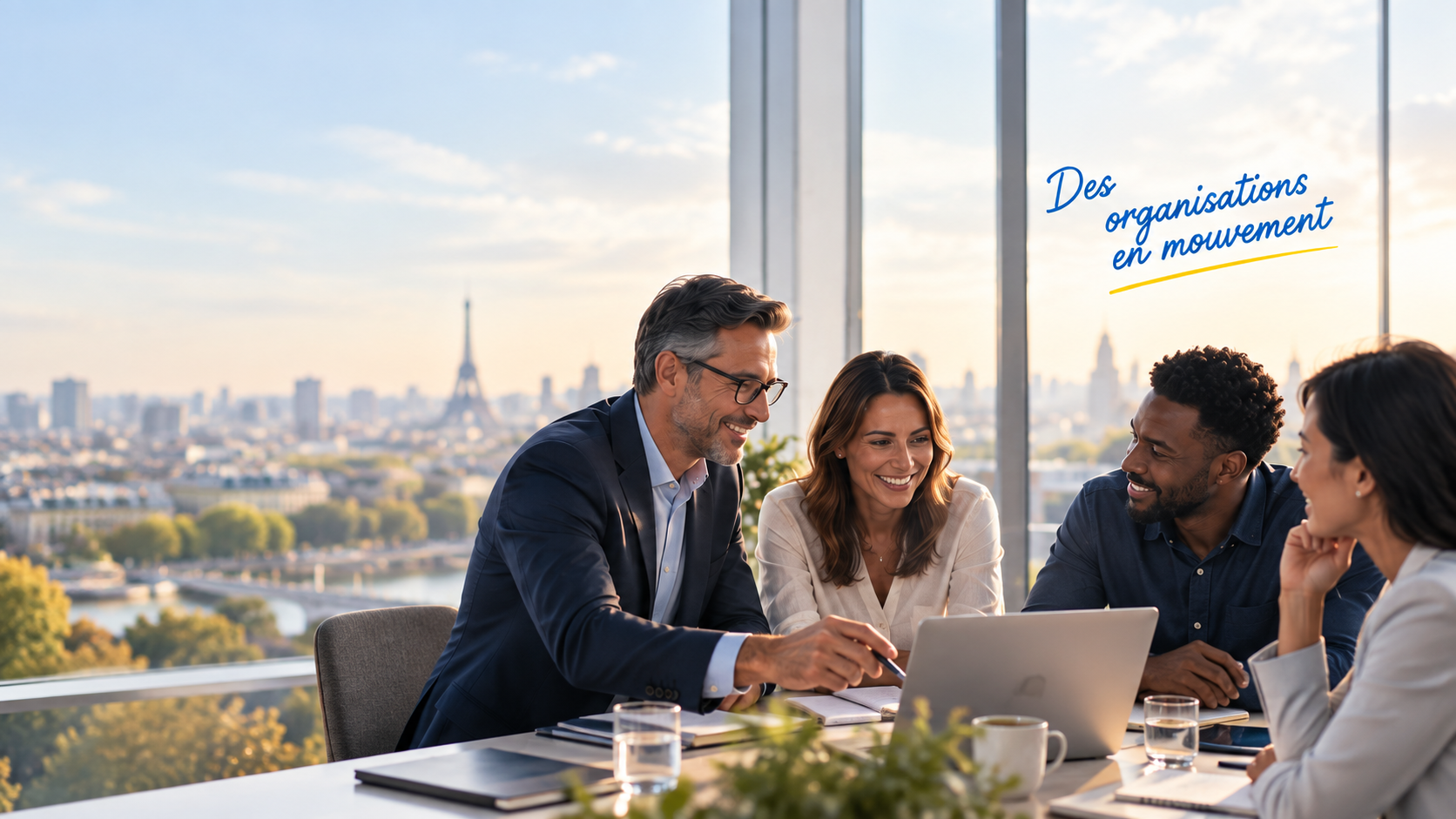 Une équipe échange autour d’un ordinateur, face à la ville. Annotation : « Des organisations en mouvement ».
