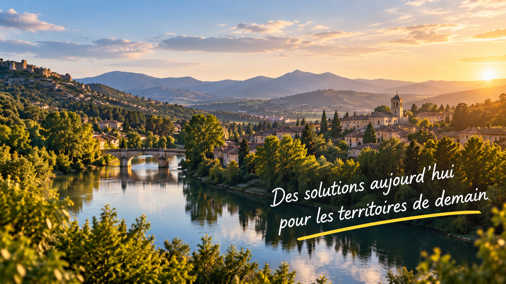 Un territoire verdoyant au coucher du soleil. Annotation : « Des solutions aujourd’hui pour les territoires de demain ».