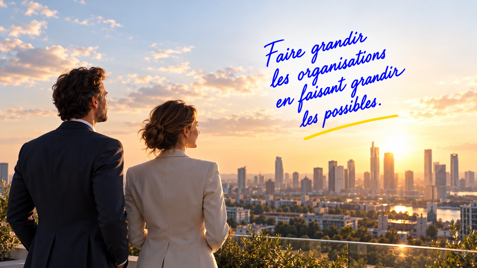 Deux personnes contemplent une ville au coucher du soleil. Annotation : « Faire grandir les organisations en faisant grandir les possibles. »