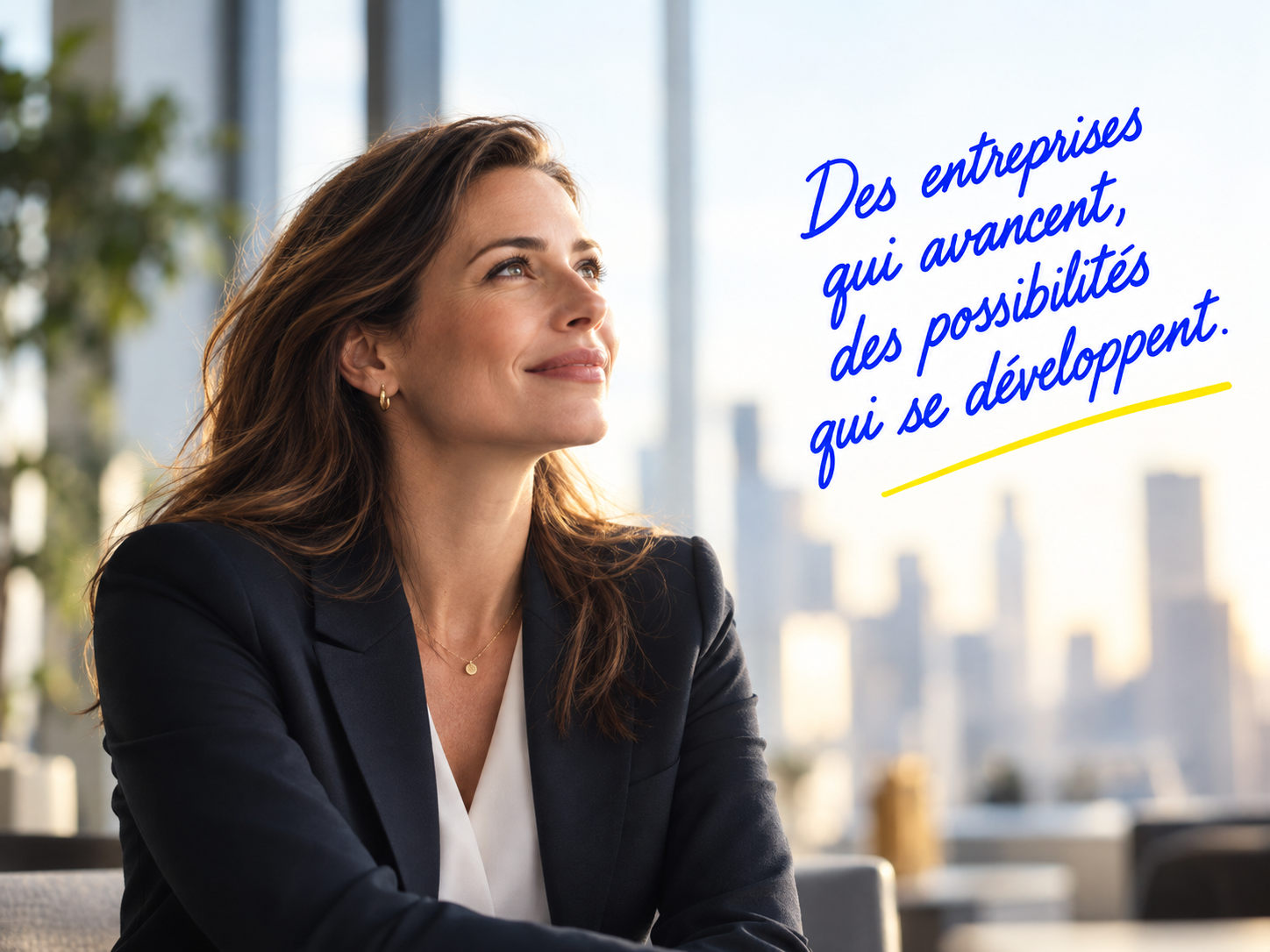 Une femme regarde vers l’extérieur. Annotation : « Des entreprises qui avancent, des possibilités qui se développent. »