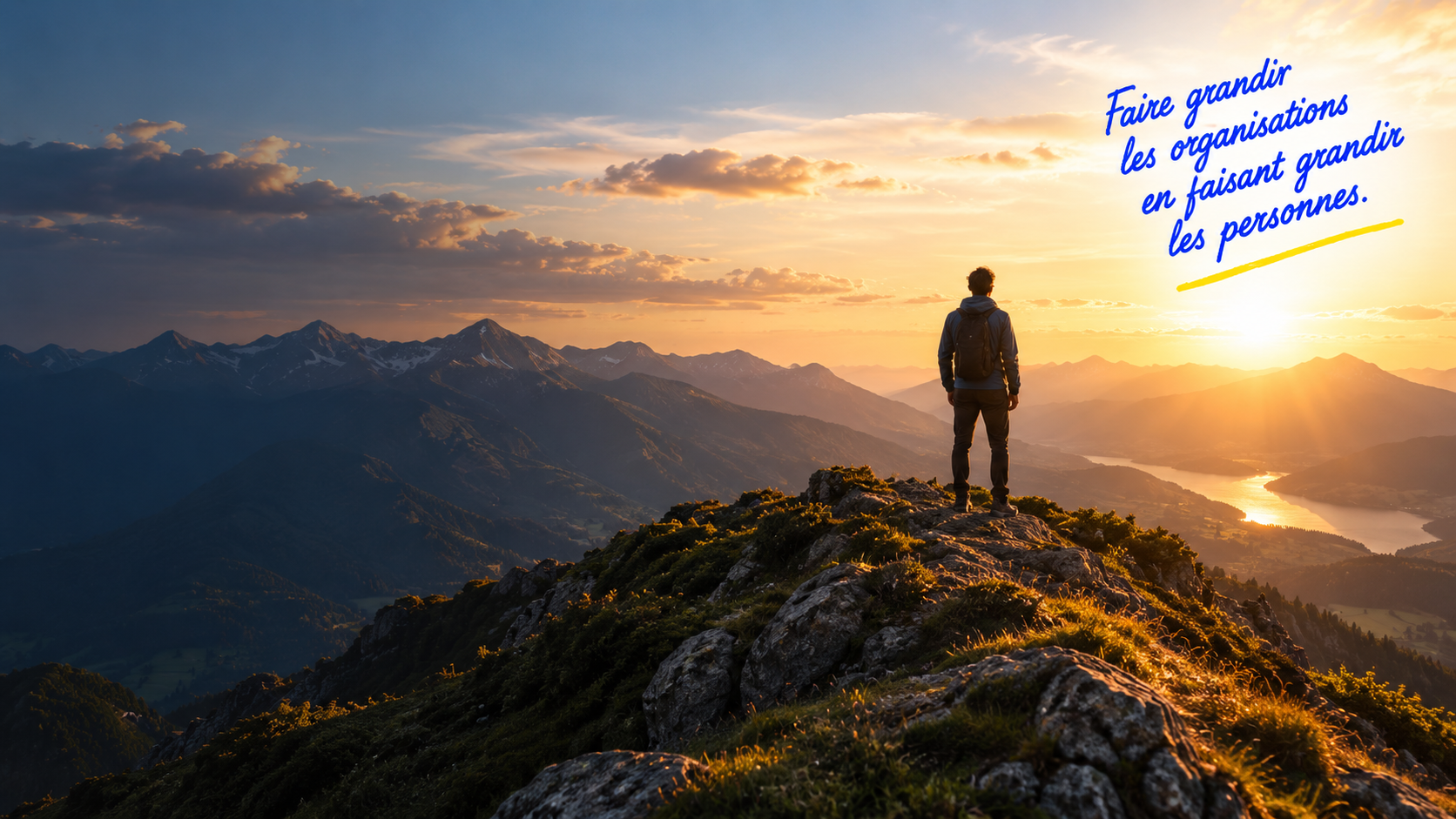 Une personne contemple un paysage de montagnes depuis un sommet. Annotation : « Faire grandir les organisations en faisant grandir les personnes. »