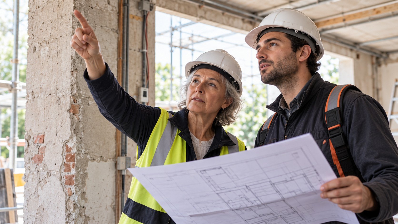 Une professionnelle expérimentée transmet son expertise à un collègue sur un chantier