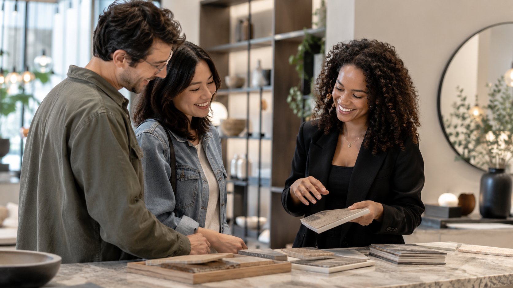 Une conseillère présente des échantillons à deux clients dans un espace d’exposition