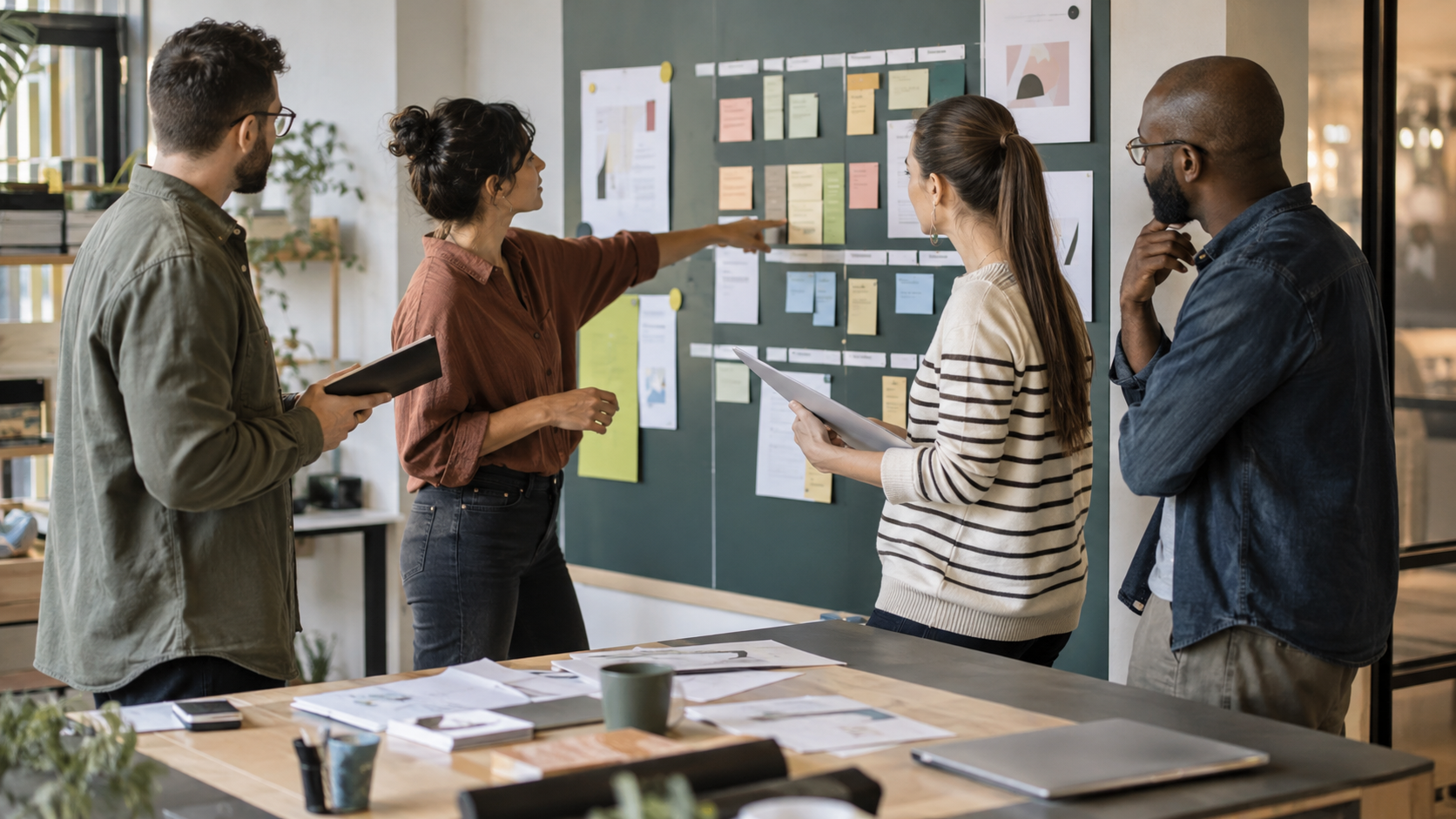 Quatre collègues organisent collectivement leur activité devant un tableau de planification