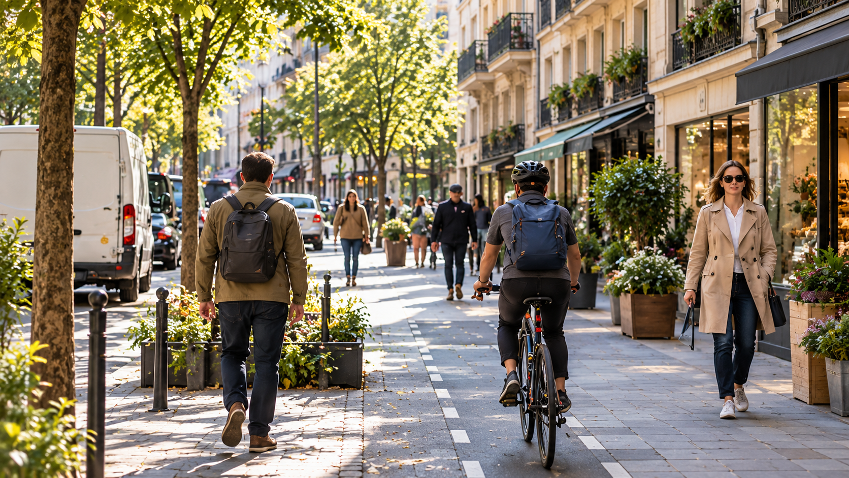 Des habitants se déplacent à pied et à vélo dans une rue commerçante arborée