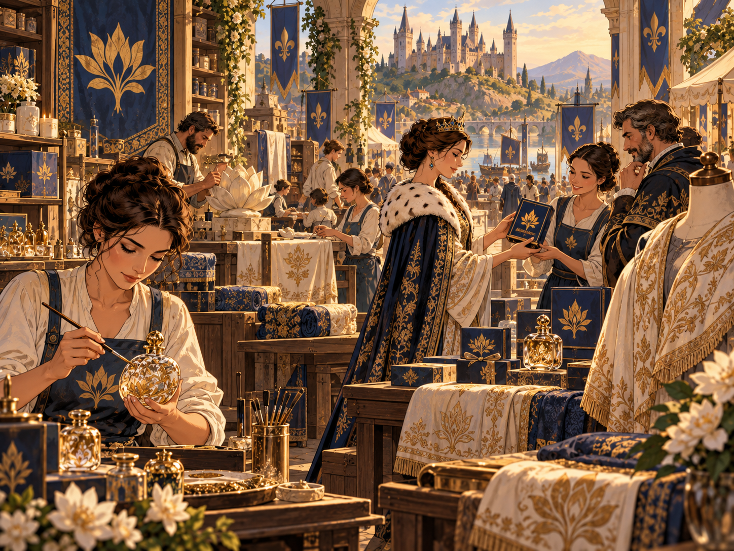 Des artisans de Royal Bloom réalisent étoffes, flacons et objets aux motifs floraux.