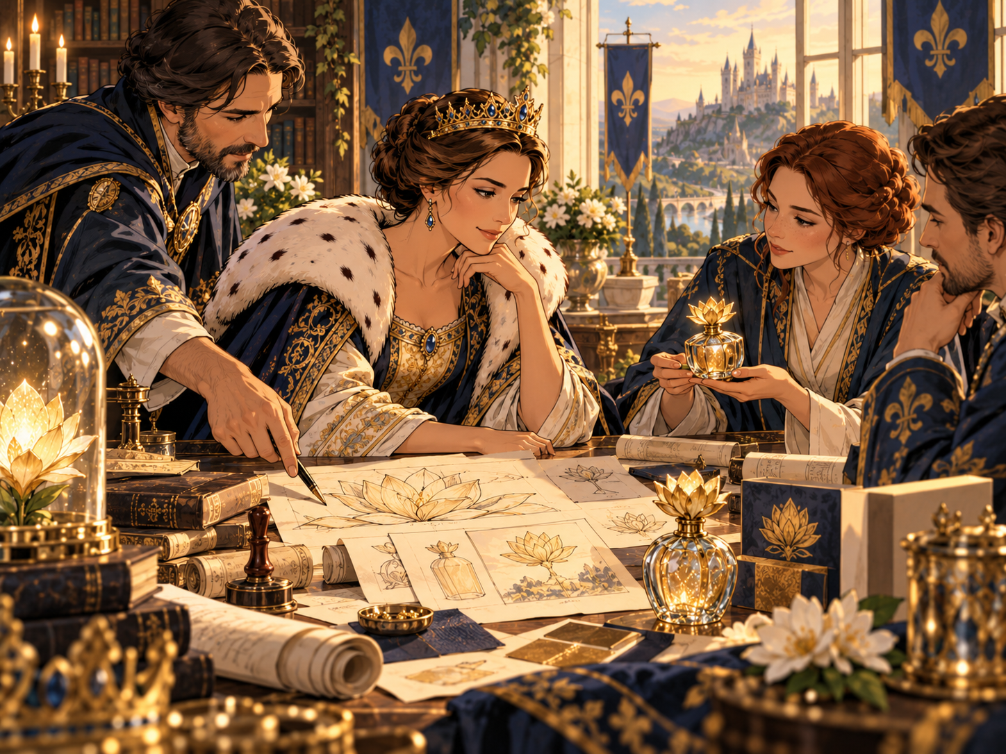 La reine et ses conseillers travaillent autour de dessins de fleurs et de flacons.