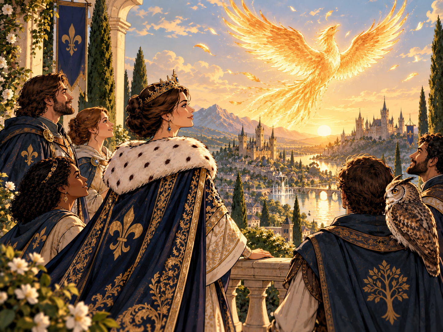 Un phénix doré s’élève au-dessus du royaume devant les habitants de Royal Bloom.