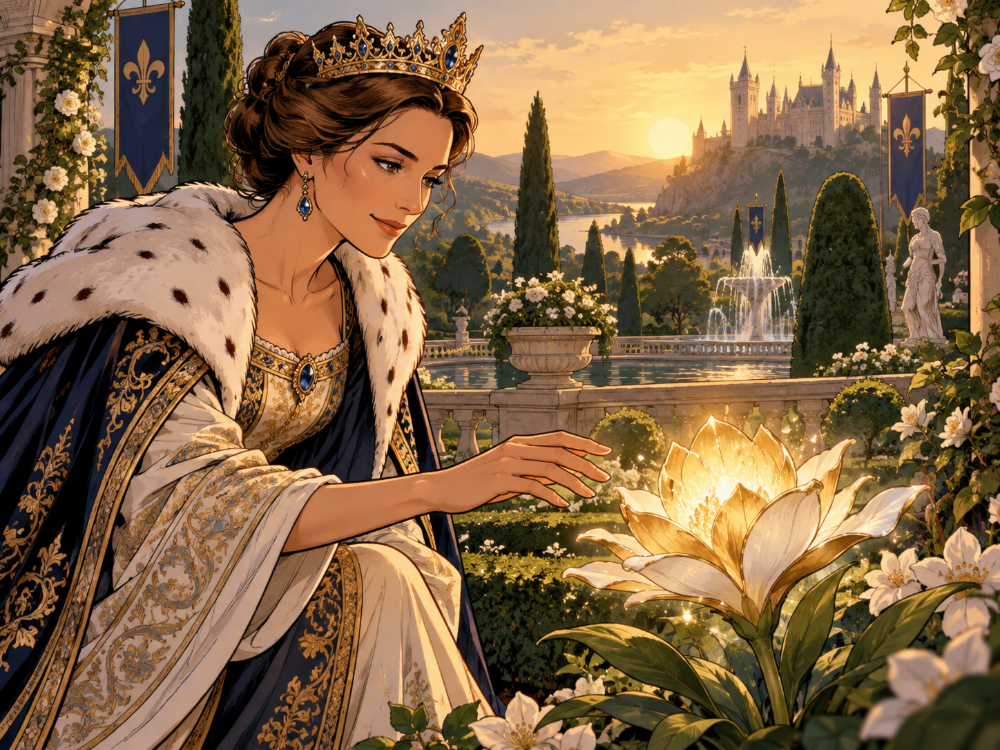 La reine Premium découvre une fleur lumineuse dans les jardins de Royal Bloom.